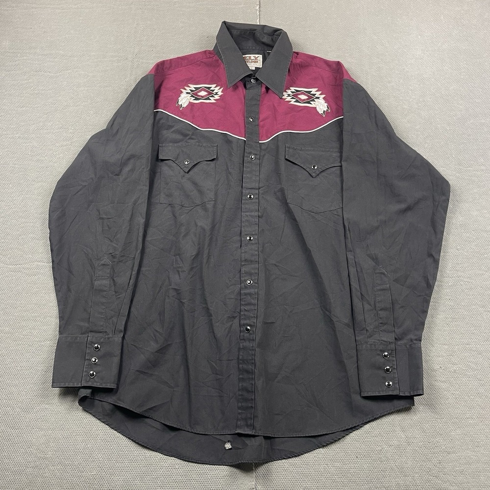 Vintage Ely Cattleman Shirt Mens Large‎ Black Pearl Snap Aztec Western See